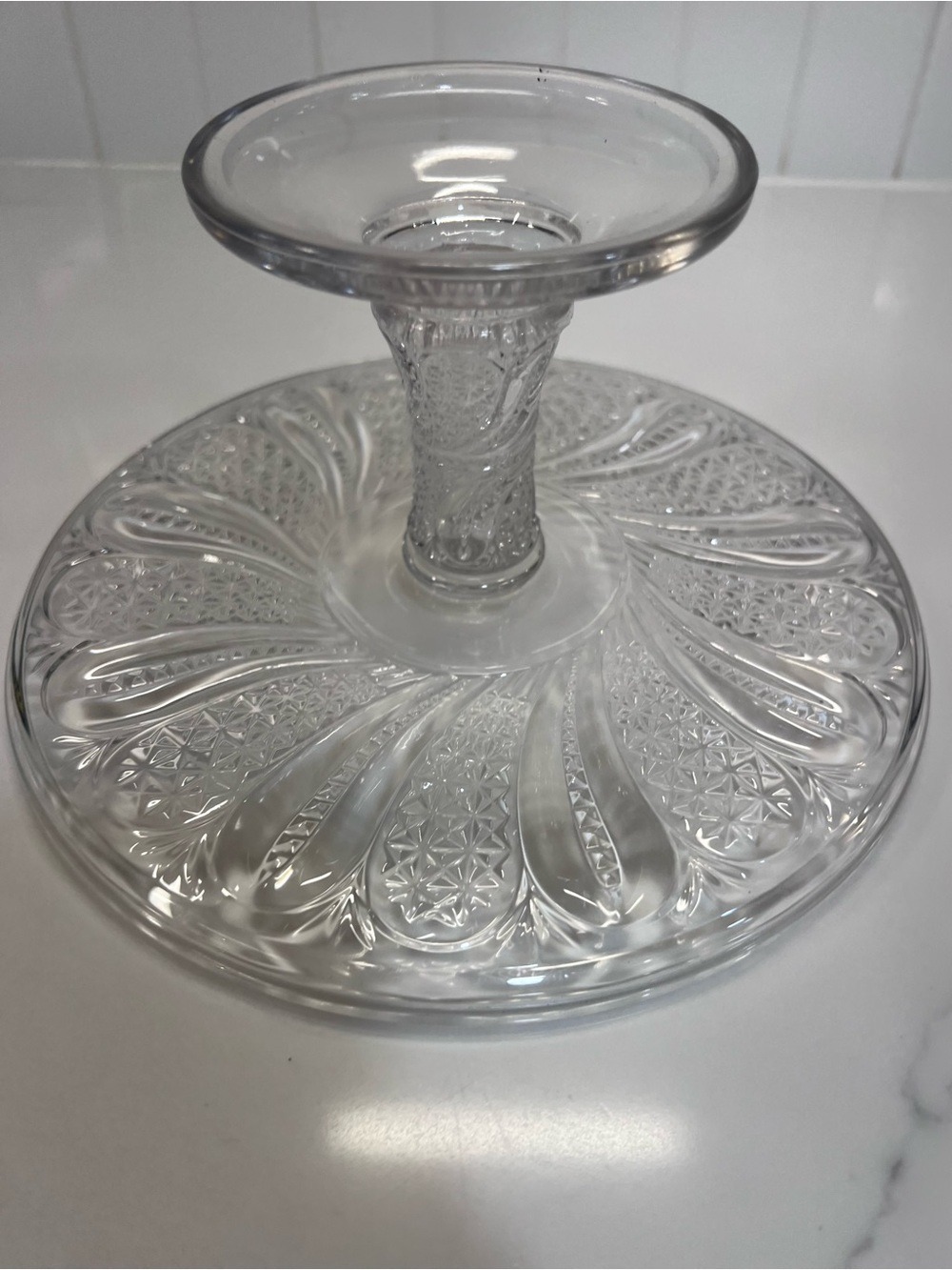 Antique 1890 McKee Glass Feather Pattern High Cake Stand Clear Pedestal EAPG 9” - Picture 7 of 7